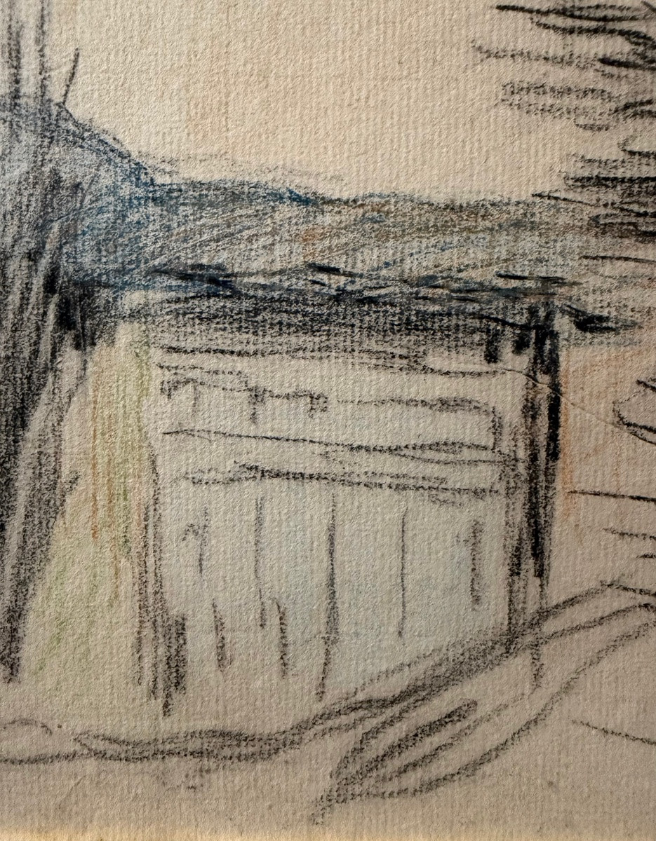 Camille Pissarro, Chaumière, Circa 1881, Fusain sur papier avec rehauts de couleurs-photo-4