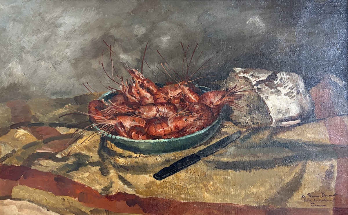 Edmond Ceria, Shrimps And Loaf Of Bread, Oil On Canvas-photo-2