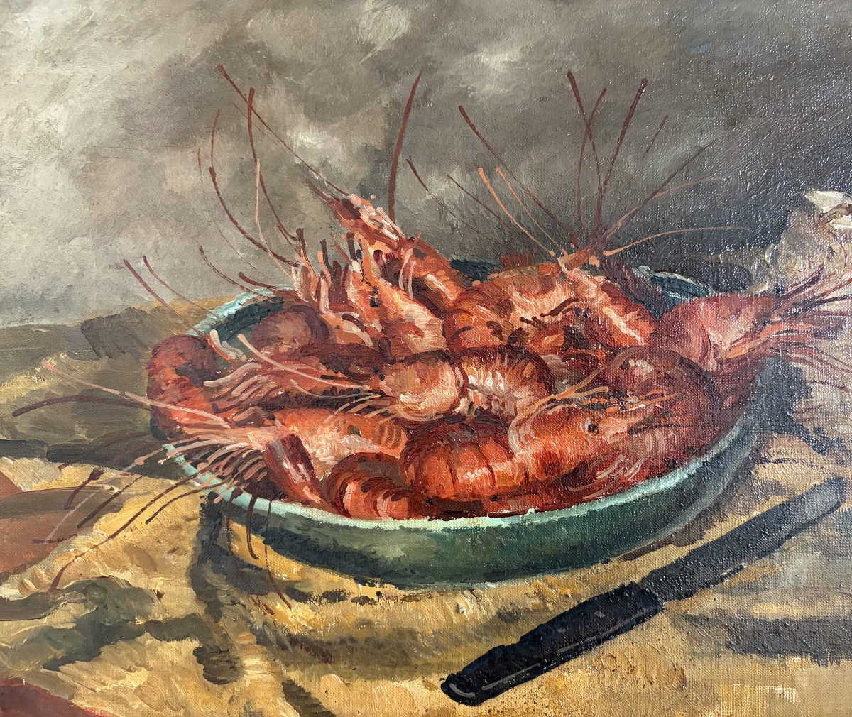 Edmond Ceria, Shrimps And Loaf Of Bread, Oil On Canvas-photo-3