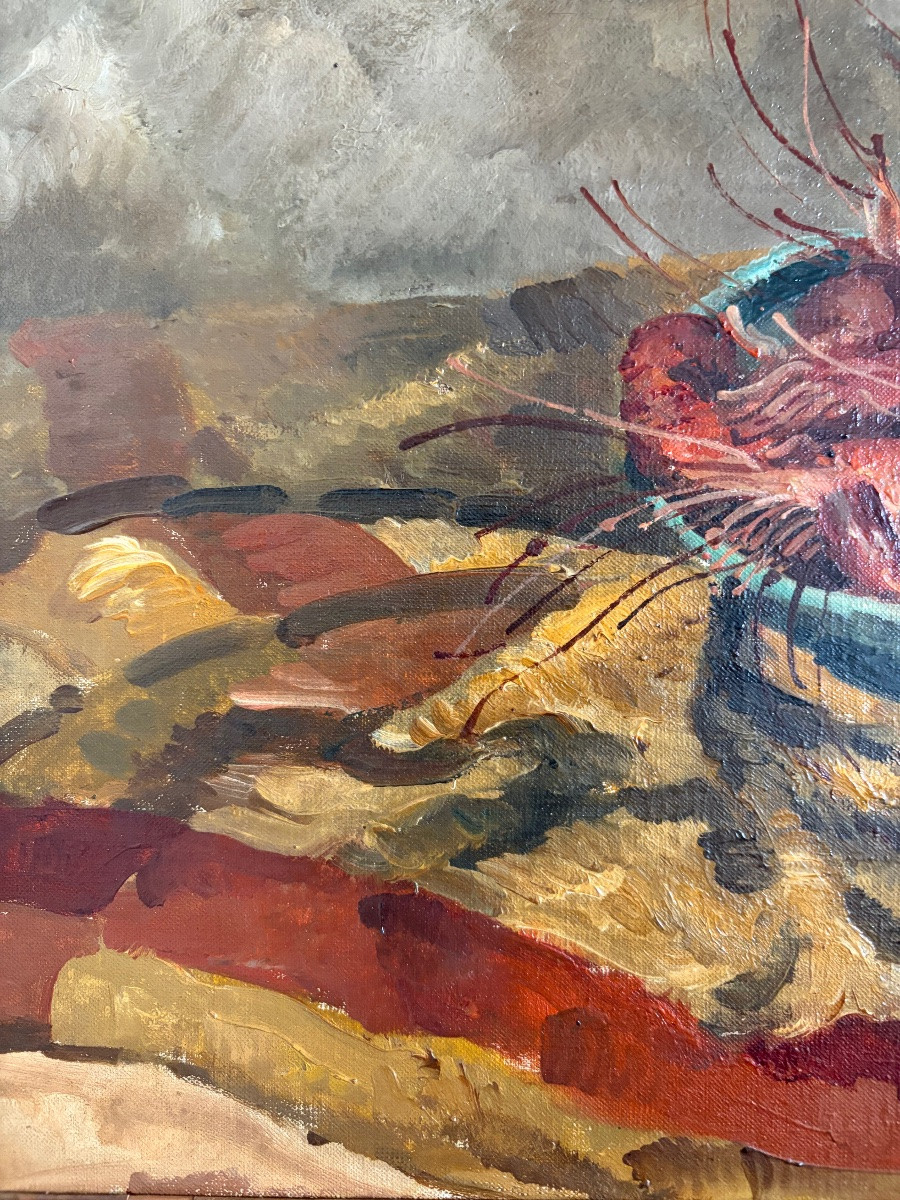 Edmond Ceria, Shrimps And Loaf Of Bread, Oil On Canvas-photo-1