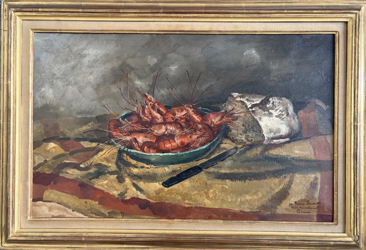 Edmond Ceria, Shrimps And Loaf Of Bread, Oil On Canvas-photo-4