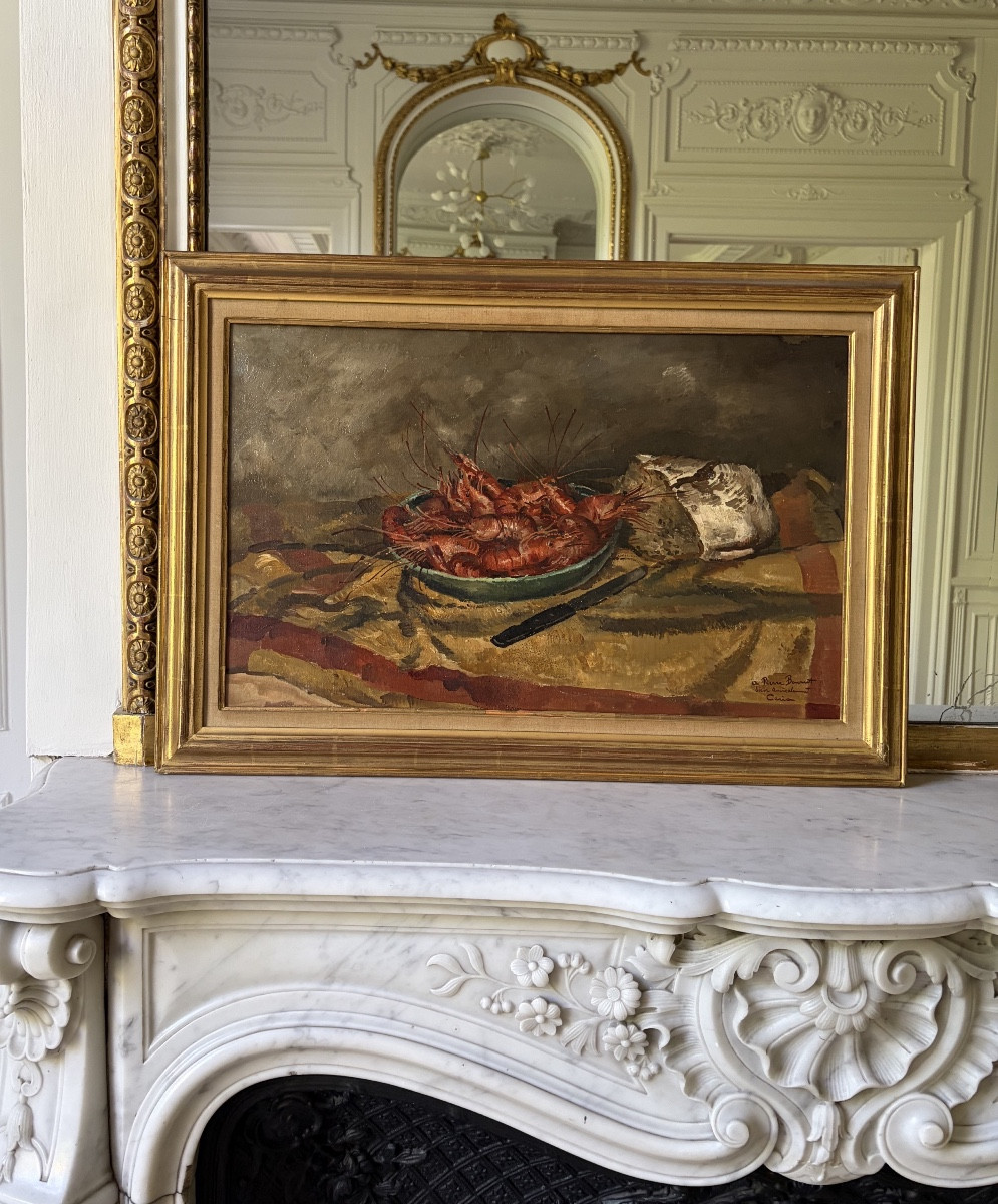 Edmond Ceria, Shrimps And Loaf Of Bread, Oil On Canvas
