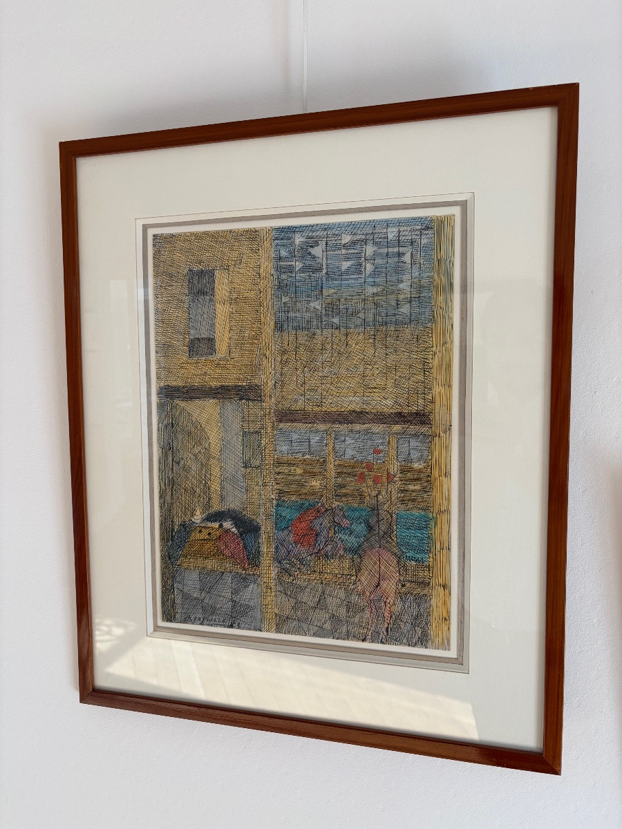 Bertholle, Intérieur et cavaliers, 1983, aquarelle et encre-photo-1