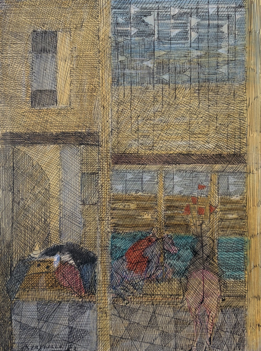 Bertholle, Interior And Riders, 1983, Watercolour And Ink