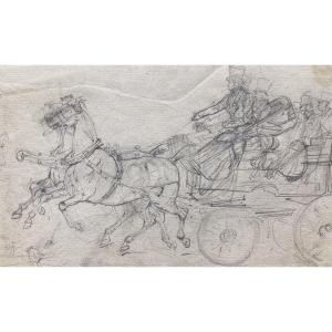 Eugène Lami, Etude De Calèche Tirée Par Deux Chevaux