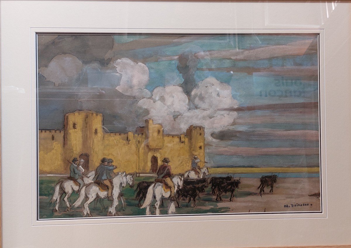 Edouard Doigneau (1865-1954) "return Of The Herd In Front Of Aigues-mortes"-photo-2