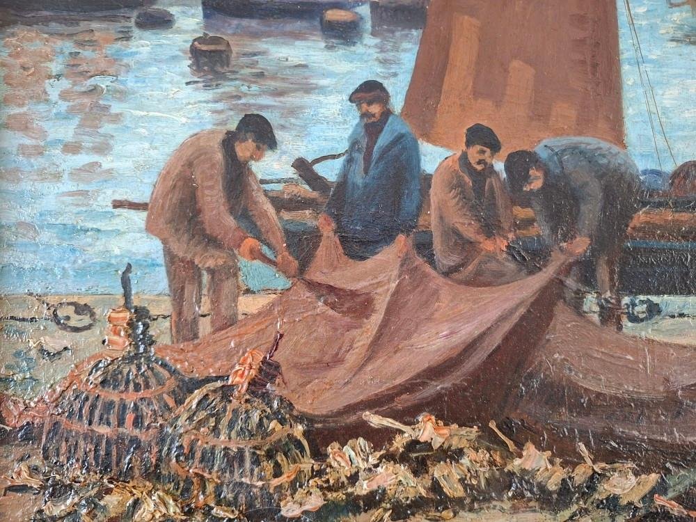 Etienne Bouillé  (1858-1933)   "Pêcheurs dans le port de Camaret, Bretagne"-photo-3