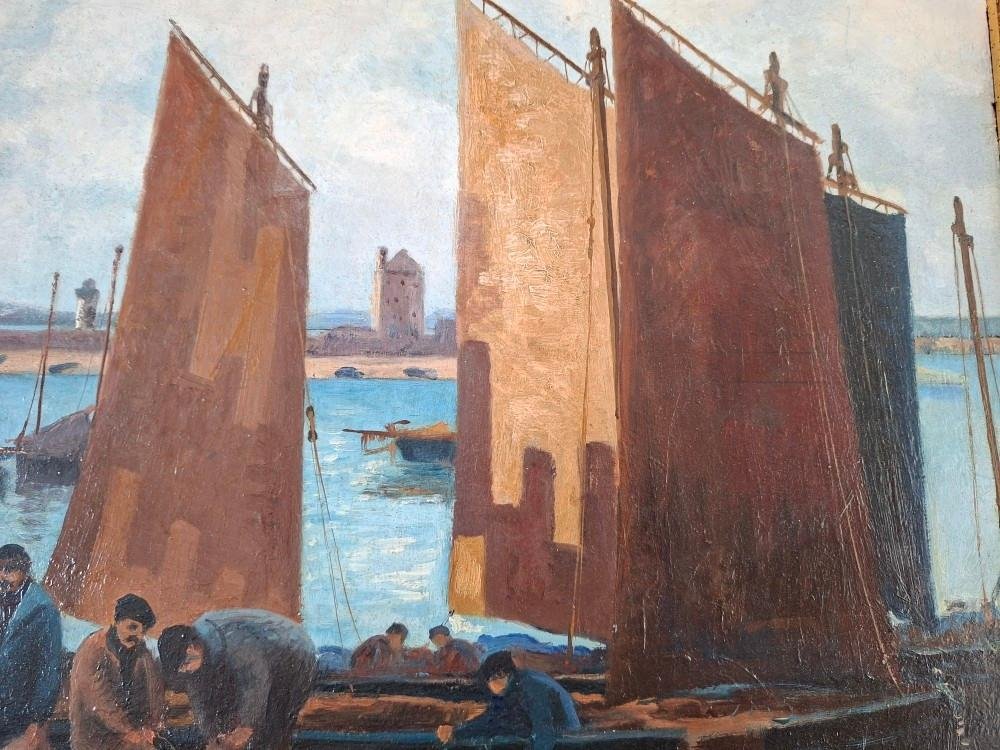 Etienne Bouillé  (1858-1933)   "Pêcheurs dans le port de Camaret, Bretagne"-photo-4
