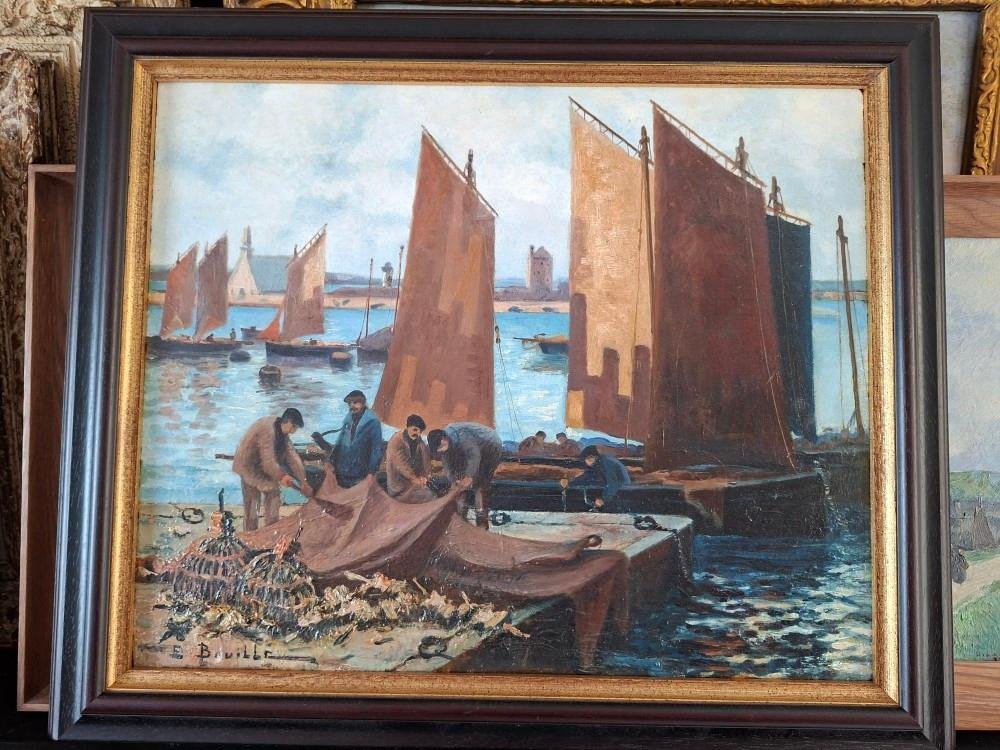 Etienne Bouillé  (1858-1933)   "Pêcheurs dans le port de Camaret, Bretagne"-photo-1