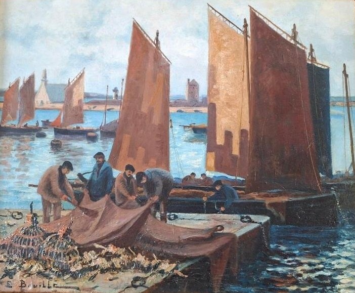 Etienne Bouillé  (1858-1933)   "Pêcheurs dans le port de Camaret, Bretagne"