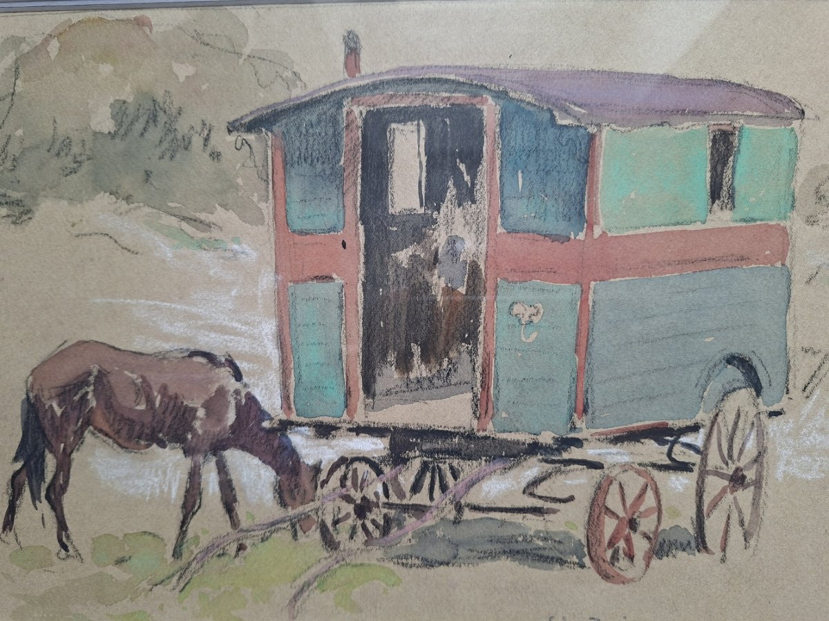 Edouard Doigneau (1865-1954)  "Cheval et roulotte"-photo-2