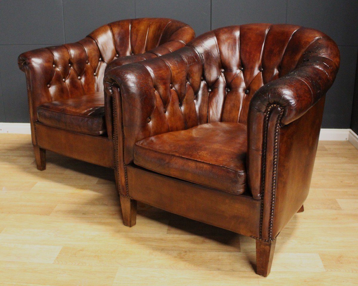 Paire De Fauteuils Club - Chesterfield - Angleterre - Vers 1950 - 1960-photo-2