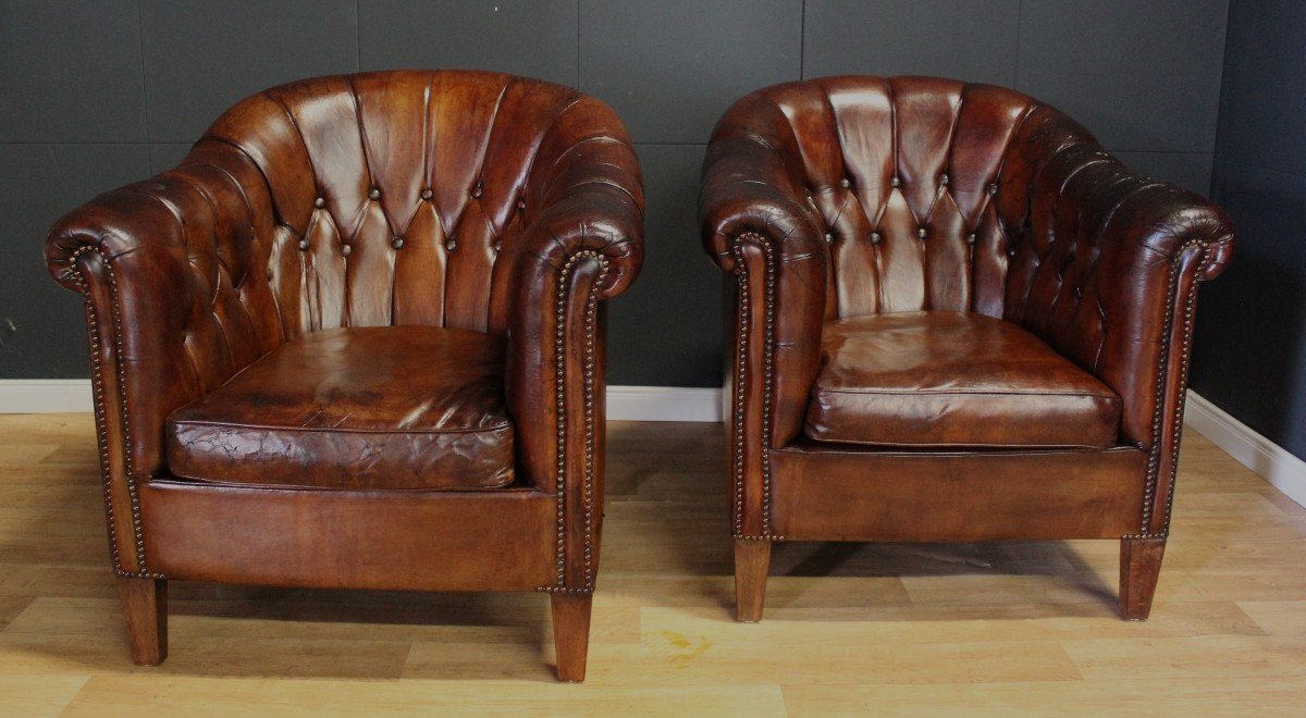 Paire De Fauteuils Club - Chesterfield - Angleterre - Vers 1950 - 1960-photo-7