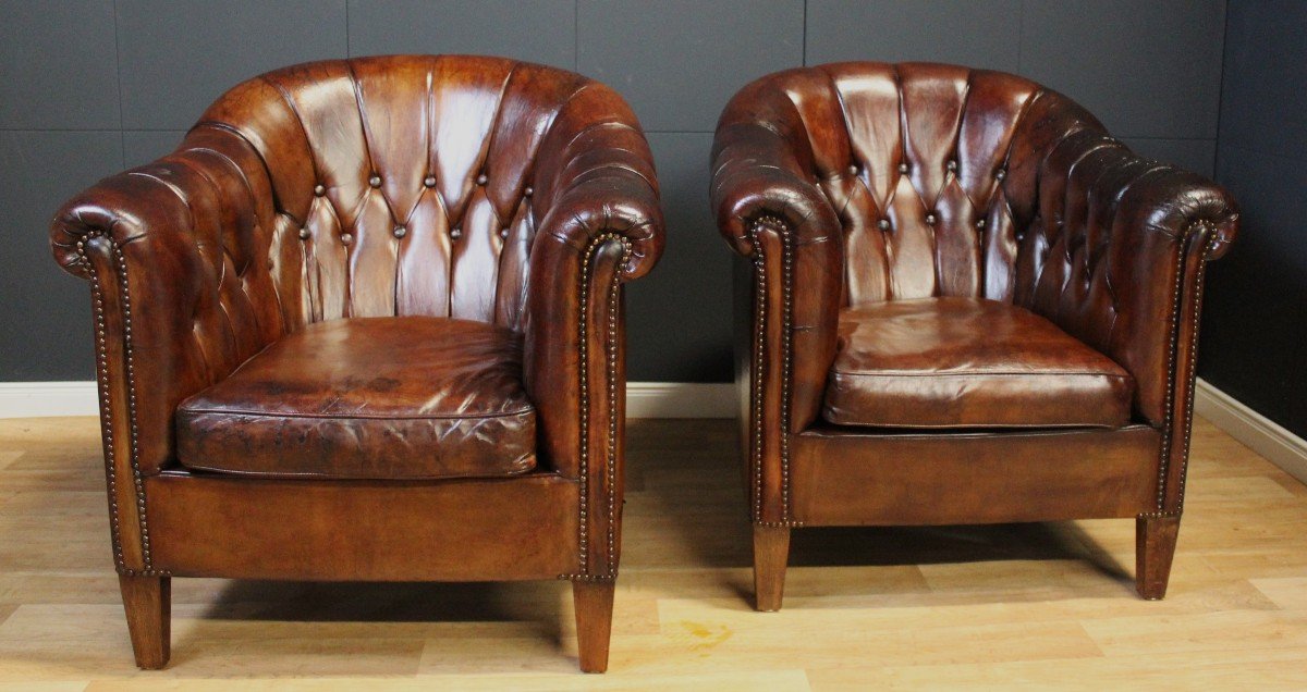 Paire De Fauteuils Club - Chesterfield - Angleterre - Vers 1950 - 1960-photo-8