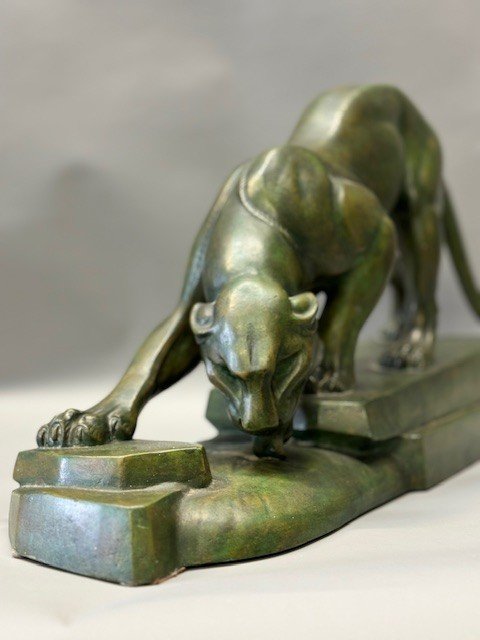 Very Rare Drinking Panther By French Artist Louis-albert Carvin In Patinated Bronze-photo-2