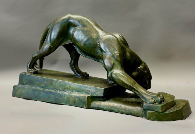 Very Rare Drinking Panther By French Artist Louis-albert Carvin In Patinated Bronze-photo-4