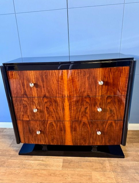 Art Deco Chest Of Drawers - Burr Walnut - Black Lacquer-photo-6
