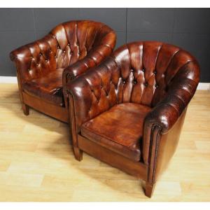 Pair Of Club Armchairs - Chesterfield - England - Around 1950 - 1960