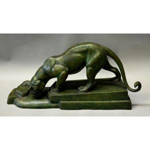 Very Rare Drinking Panther By French Artist Louis-albert Carvin In Patinated Bronze