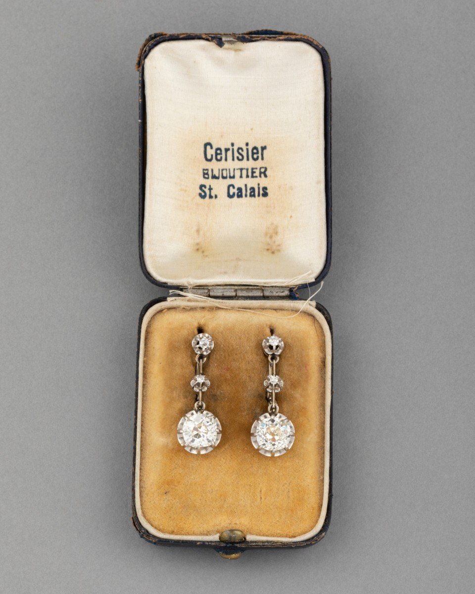 Boucles d'Oreilles Françaises Anciennes En Or Et 3 Carats De Diamants-photo-1