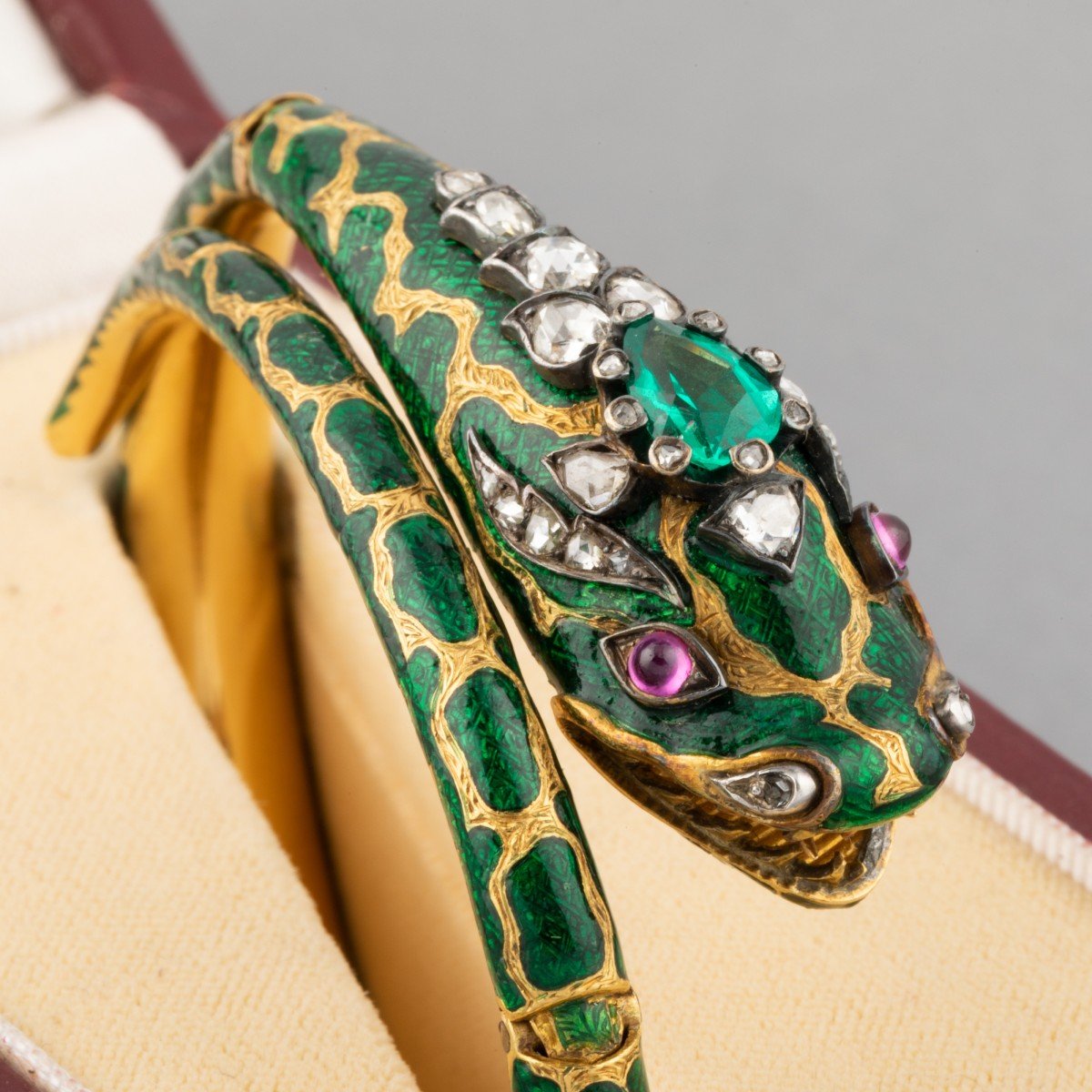 Bracelet Serpent Ancien 19ième En Or Diamants Et Email-photo-4