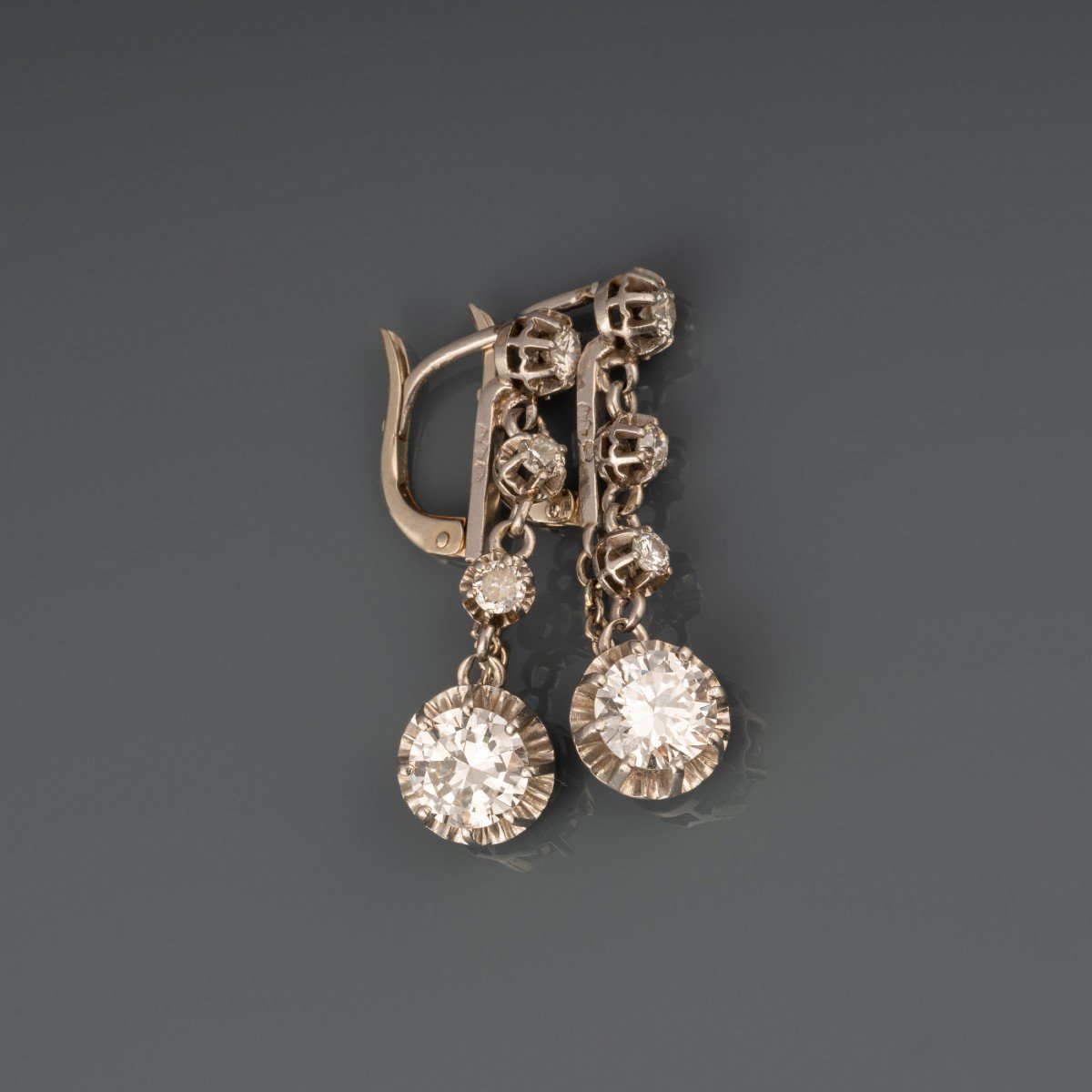 Boucles d'Oreilles Françaises Art Deco En Or Platine Et 3 Carats De Diamants-photo-3