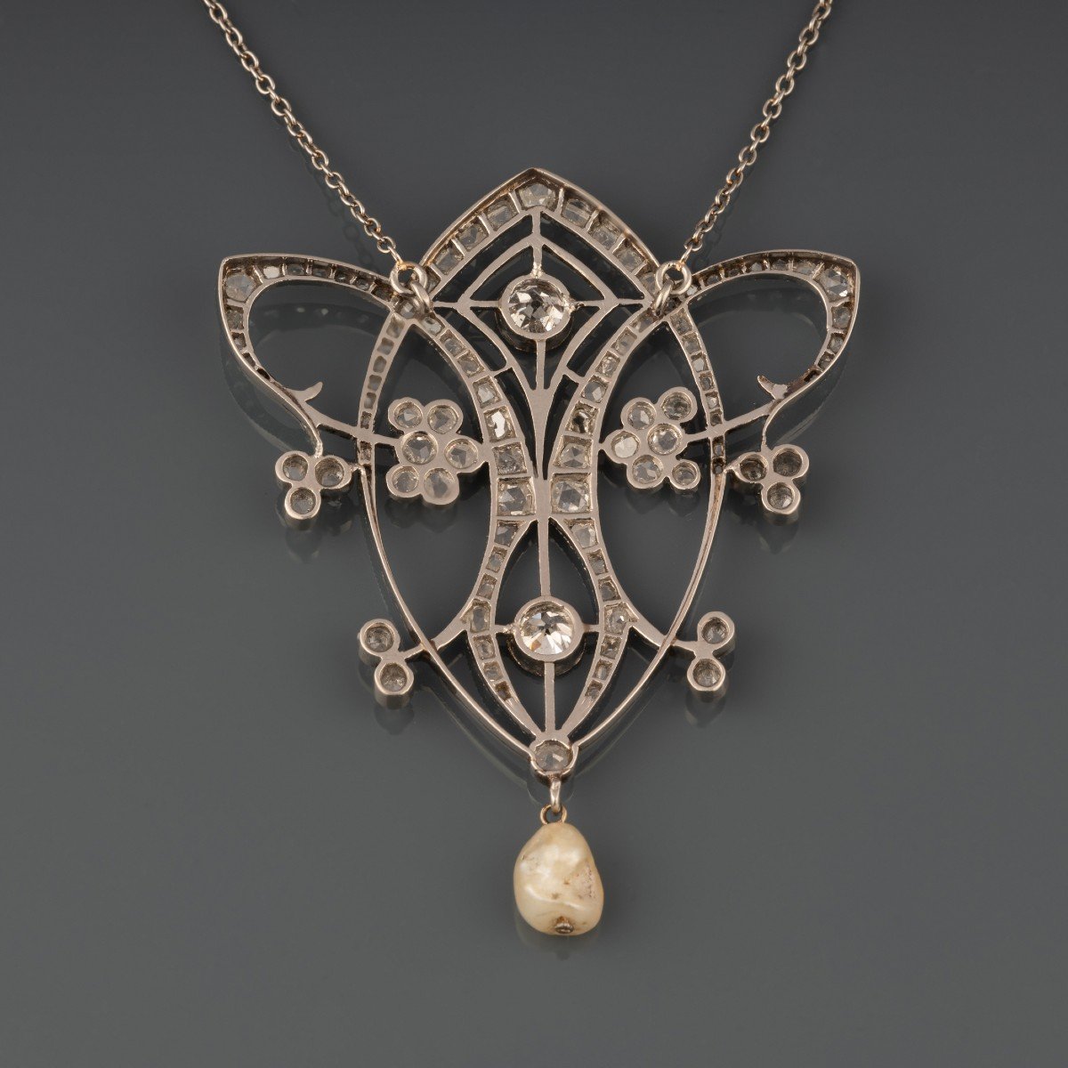 Collier Pendentif Français Art Nouveau En Or Diamants Et Perles -photo-2