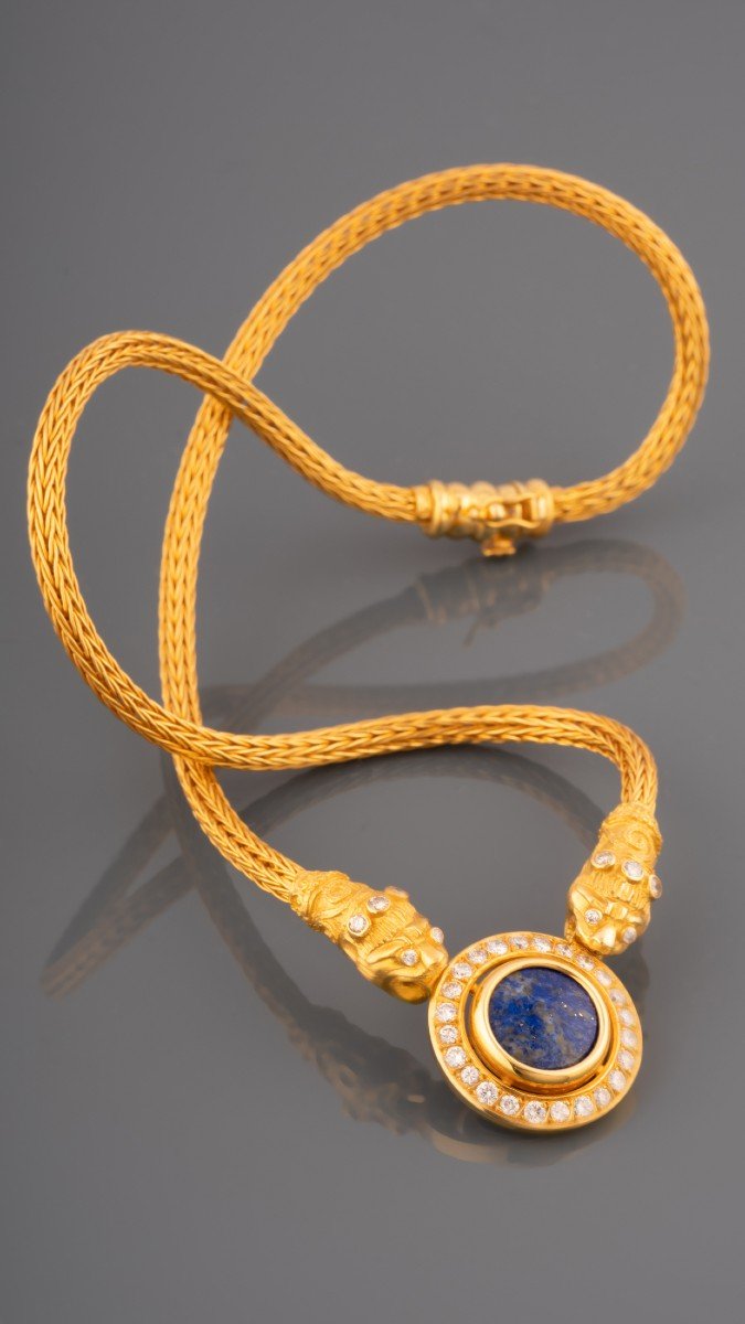 Collier Vintage En Or Diamants Et Lapis Lazuli-photo-5