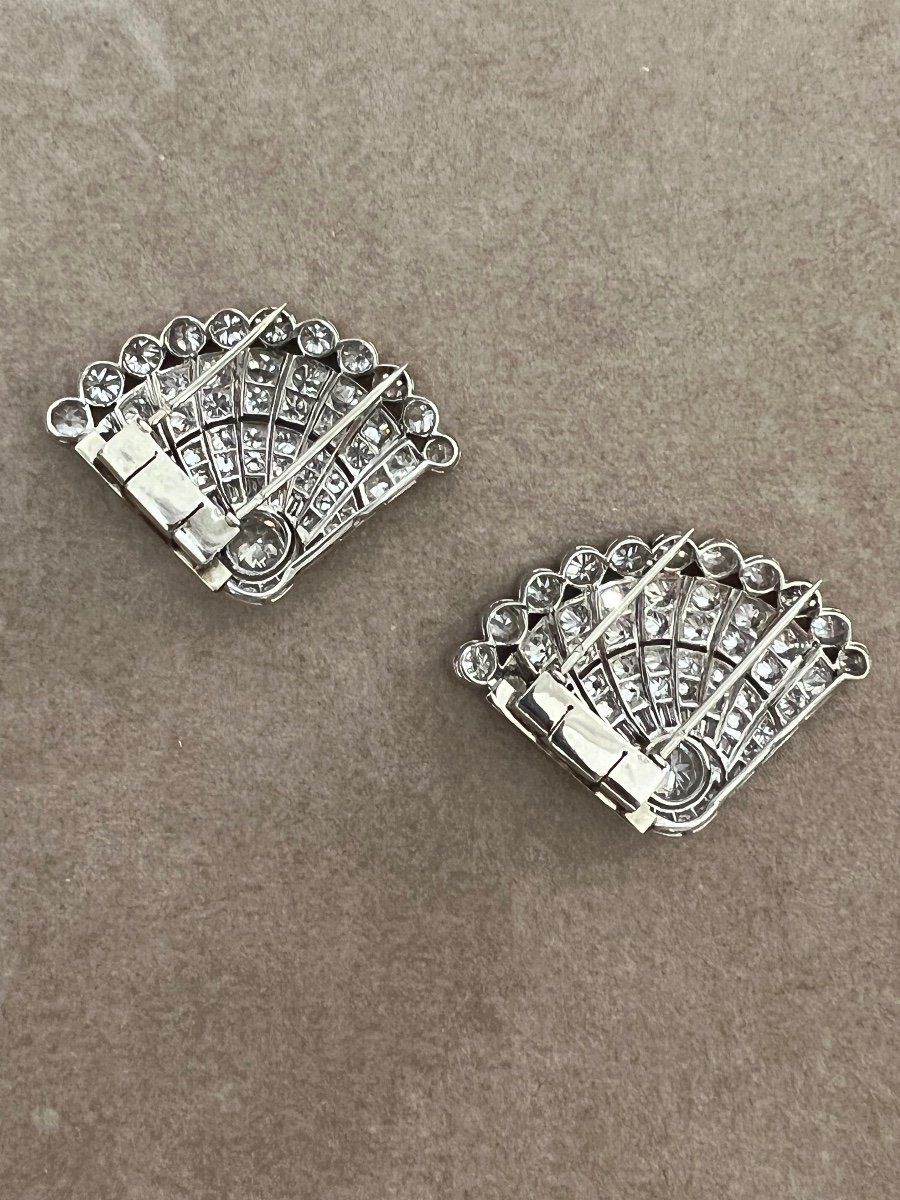 French Art Deco Double Clip Brooches In Platinum And Diamonds-photo-1