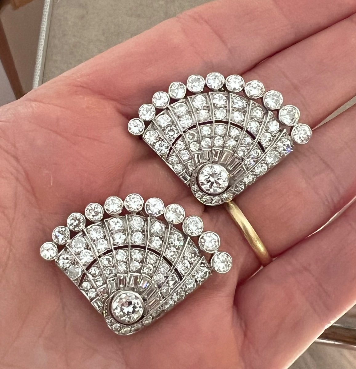 French Art Deco Double Clip Brooches In Platinum And Diamonds