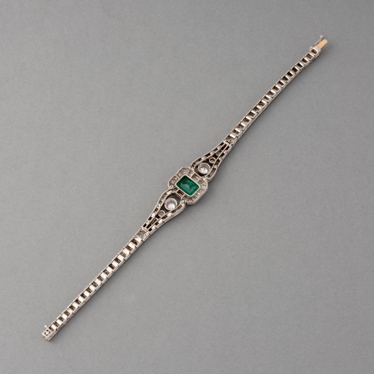 Bracelet Ancien Français Art Déco En Platine Diamants Et Emeraude-photo-3