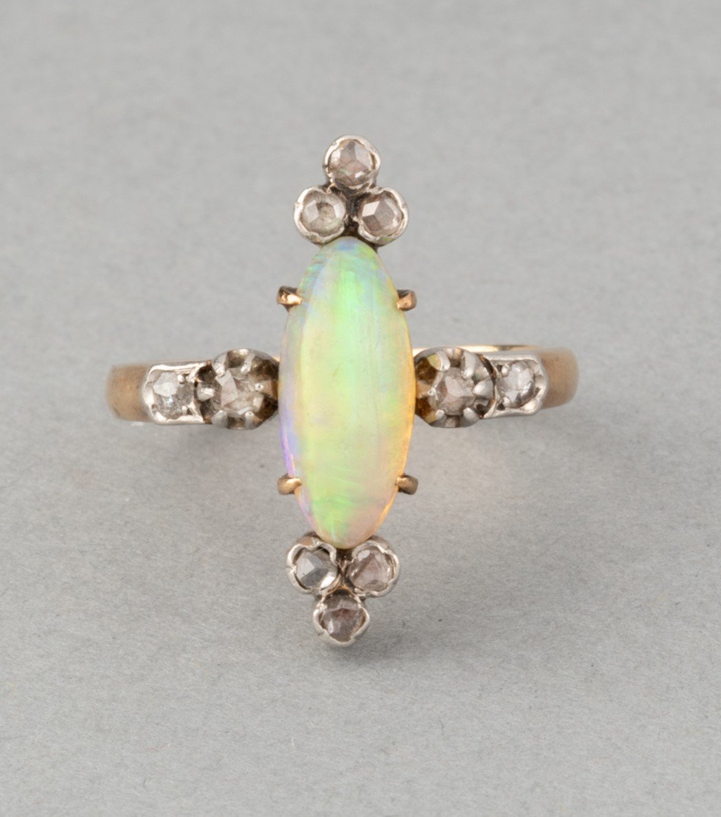 Old French Ring In Gold Opal And Diamonds