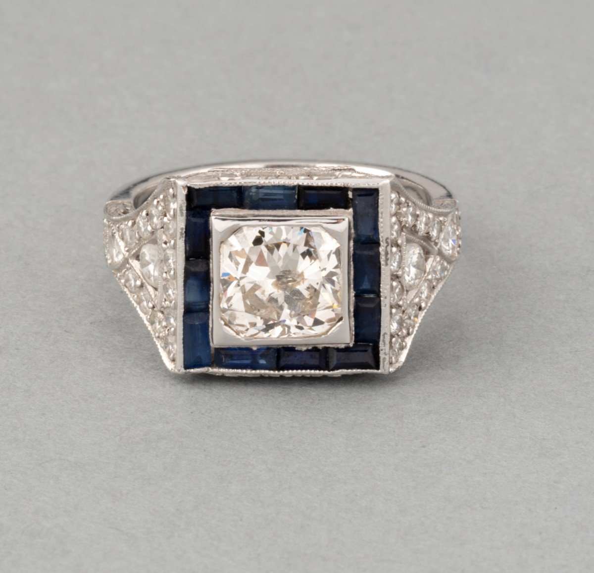 Old French Art Deco Ring In Platinum Diamond And Sapphires