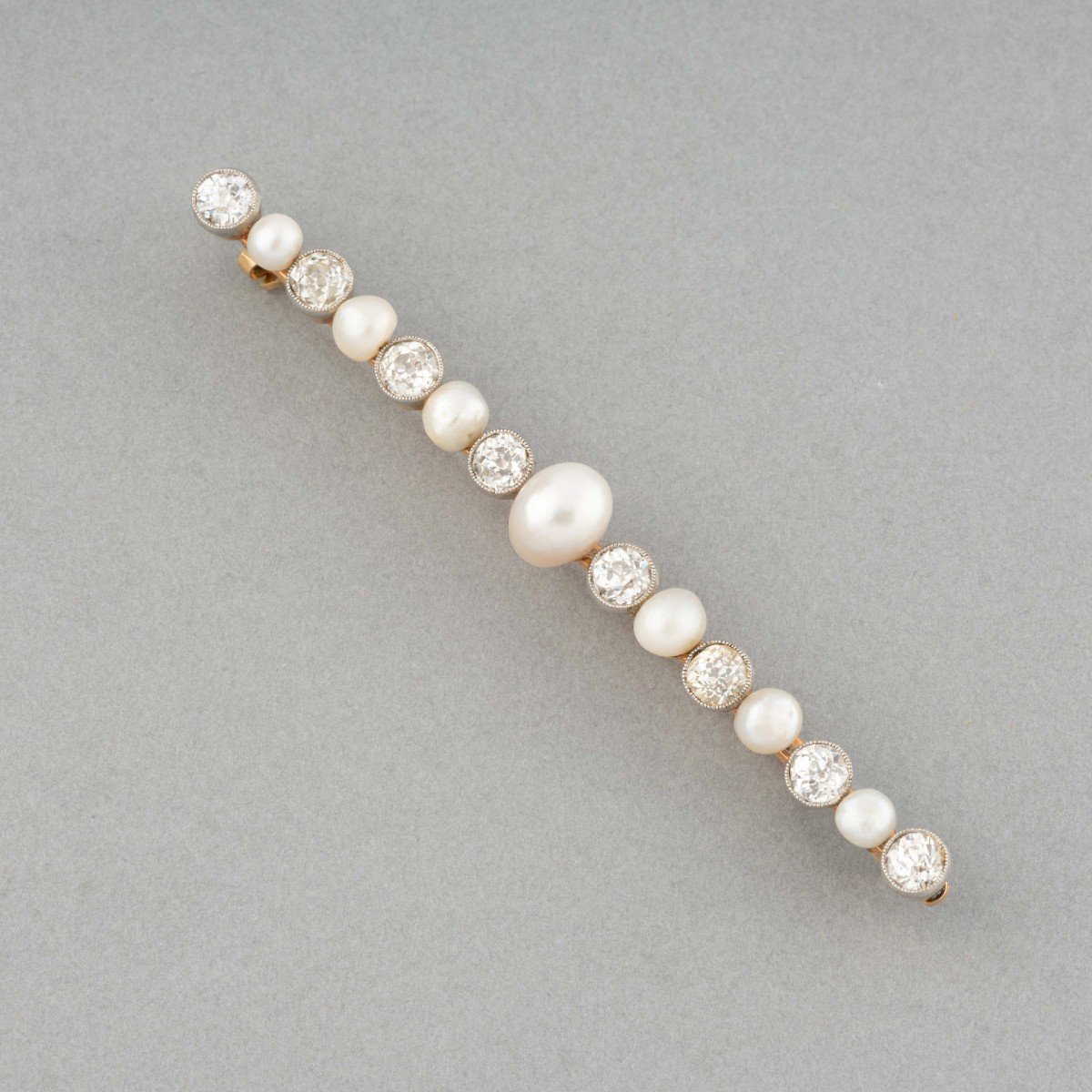 Old French Brooch In Gold Diamonds And Natural Pearls