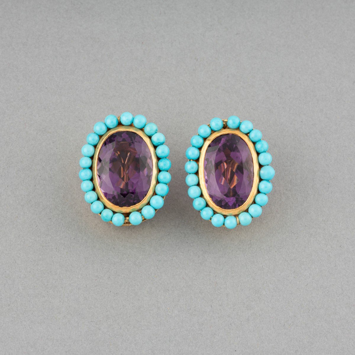 Boucles D’oreilles Vintage Or Turquoise Et Améthyste-photo-3
