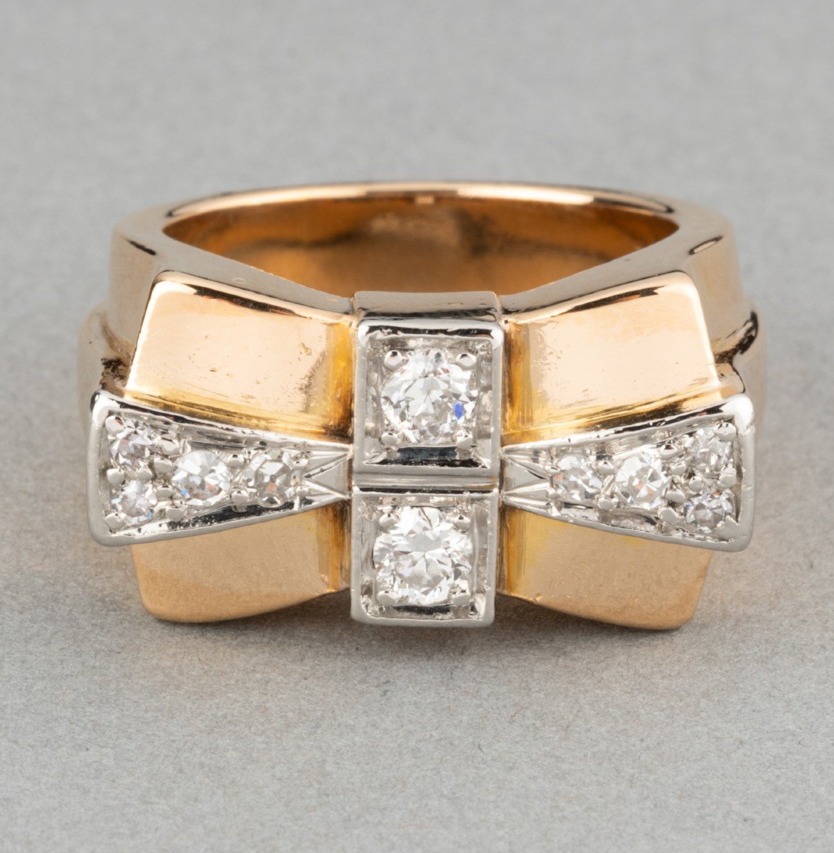 French Vintage Tank Ring In Gold And Diamonds