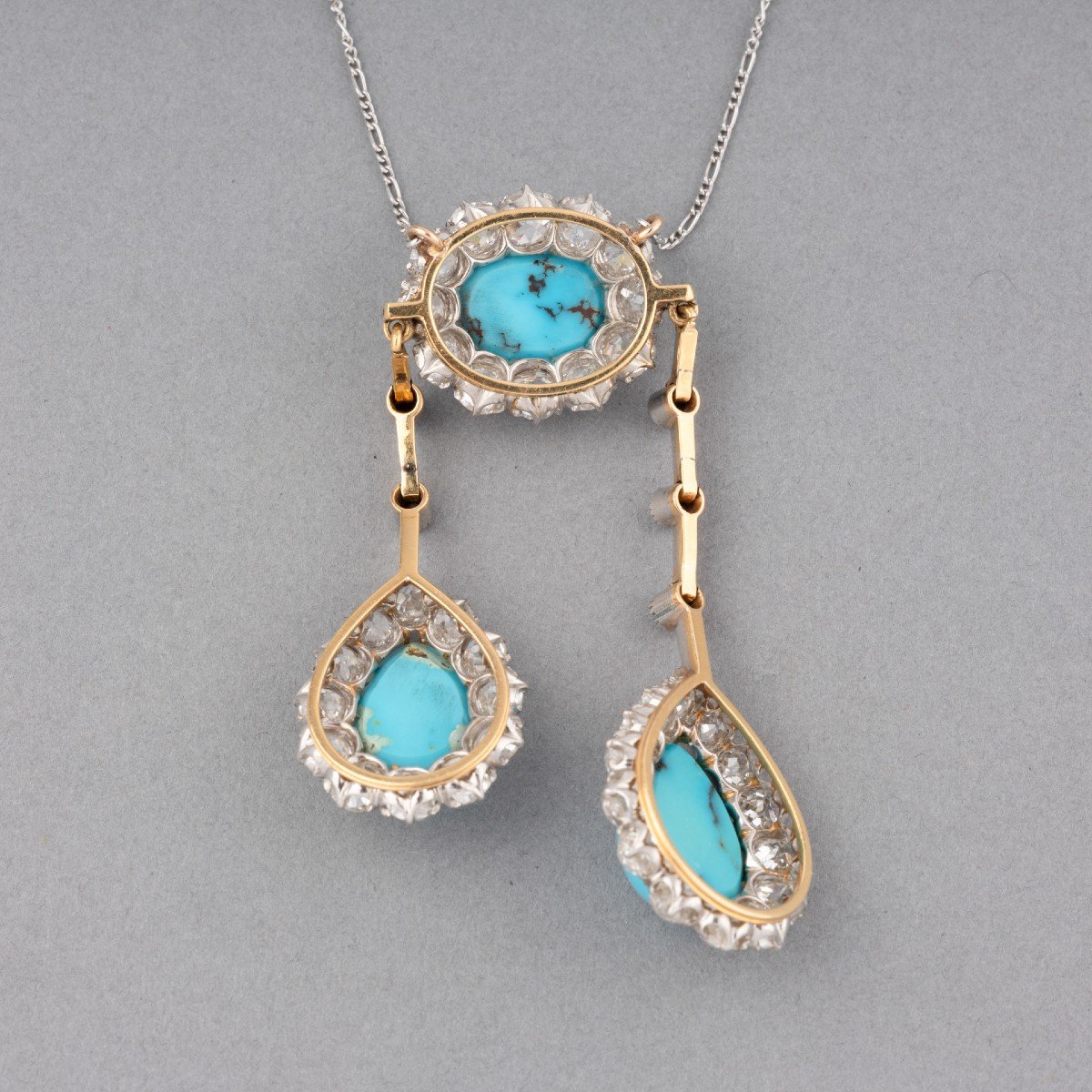 Old French Belle Epoque Necklace In Platinum Gold Diamonds And Turquoises-photo-1