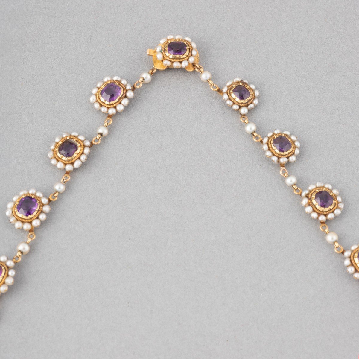 Collier Français Ancien 19ième En Or Améthystes Et Perles-photo-4