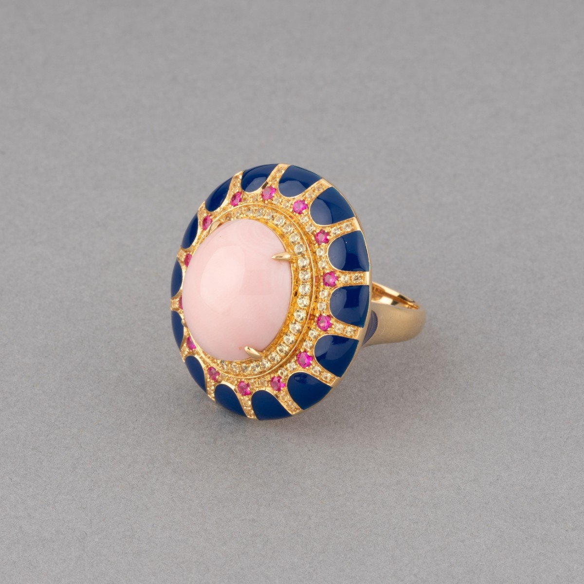 Bague Cocktail Vintage En Or Coral Et Pierres Précieuses-photo-2