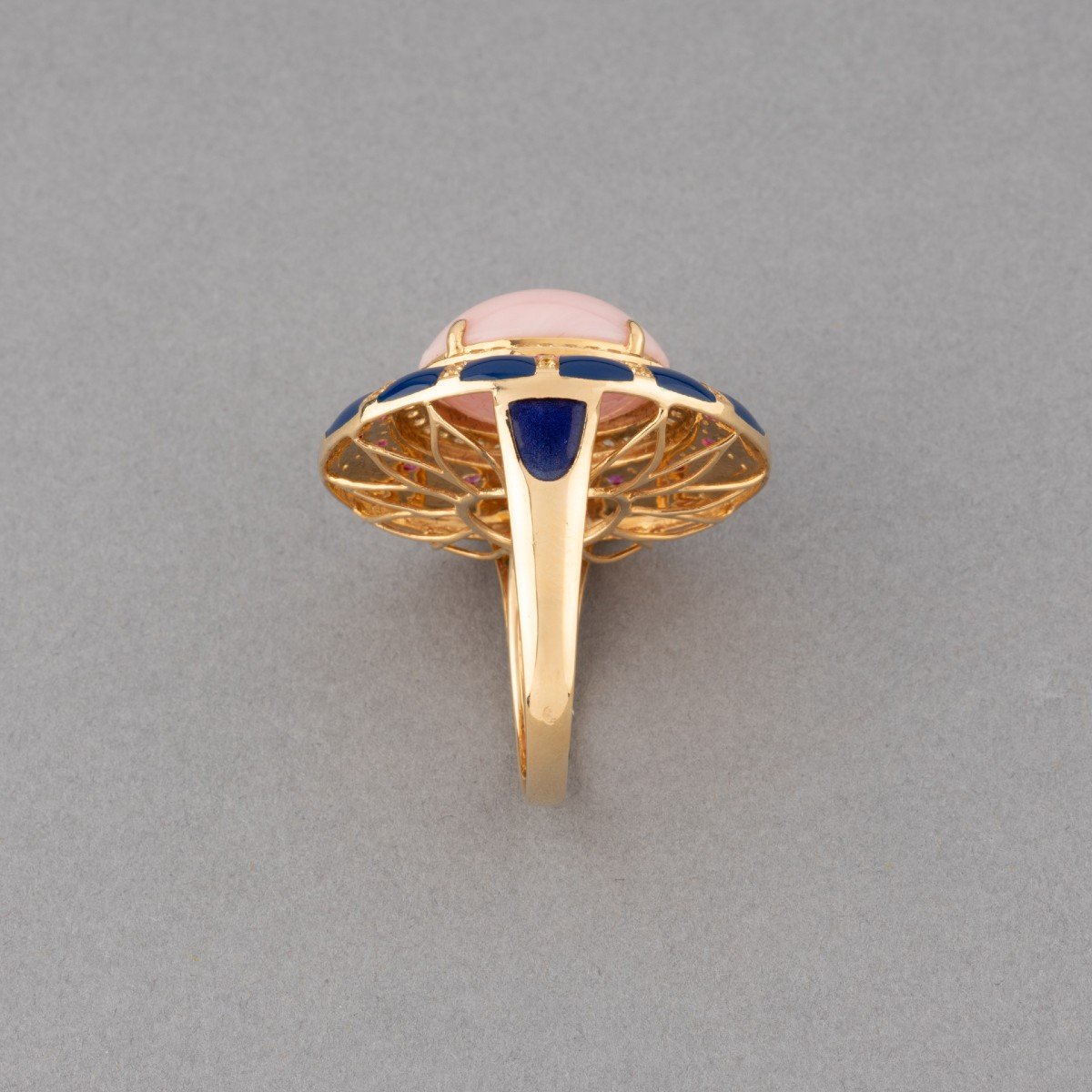 Bague Cocktail Vintage En Or Coral Et Pierres Précieuses-photo-3
