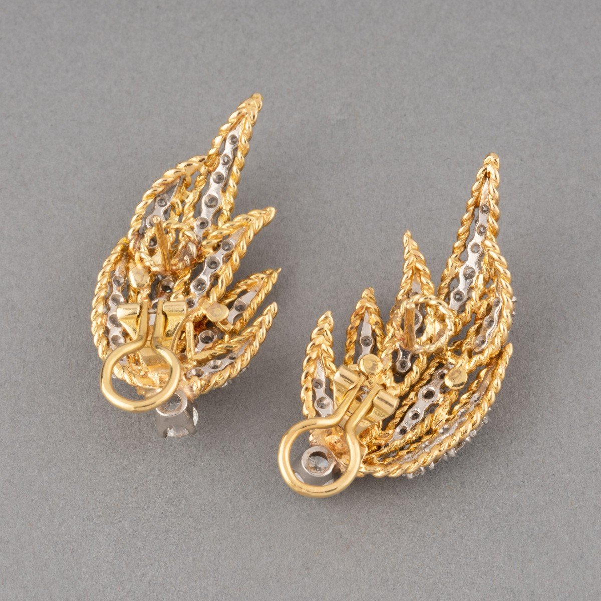 Paire De Clips d'Oreilles Français Vintage En Or Et Diamants-photo-4