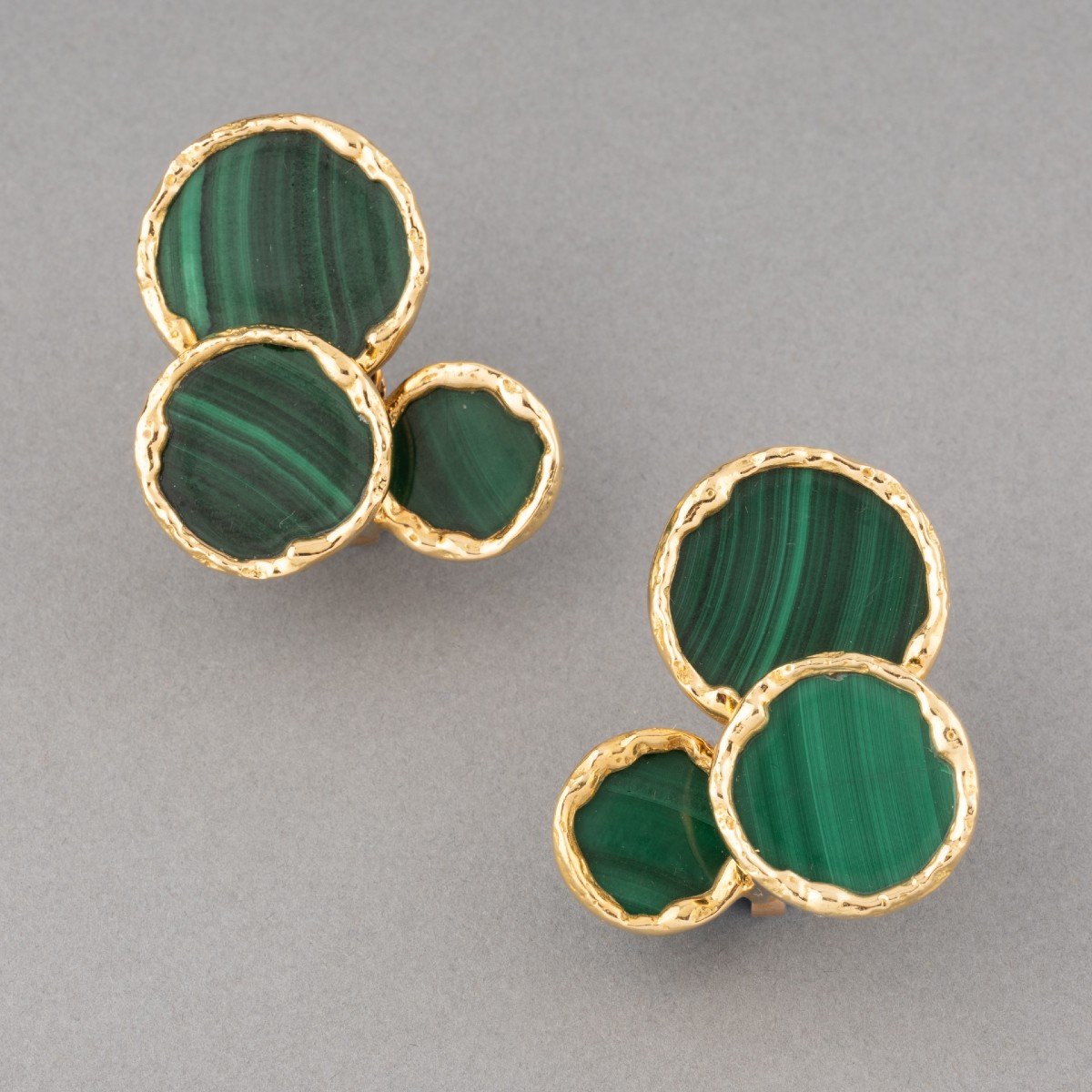 Boucles d'Oreilles Françaises Vintage En Or Et Malachite-photo-2