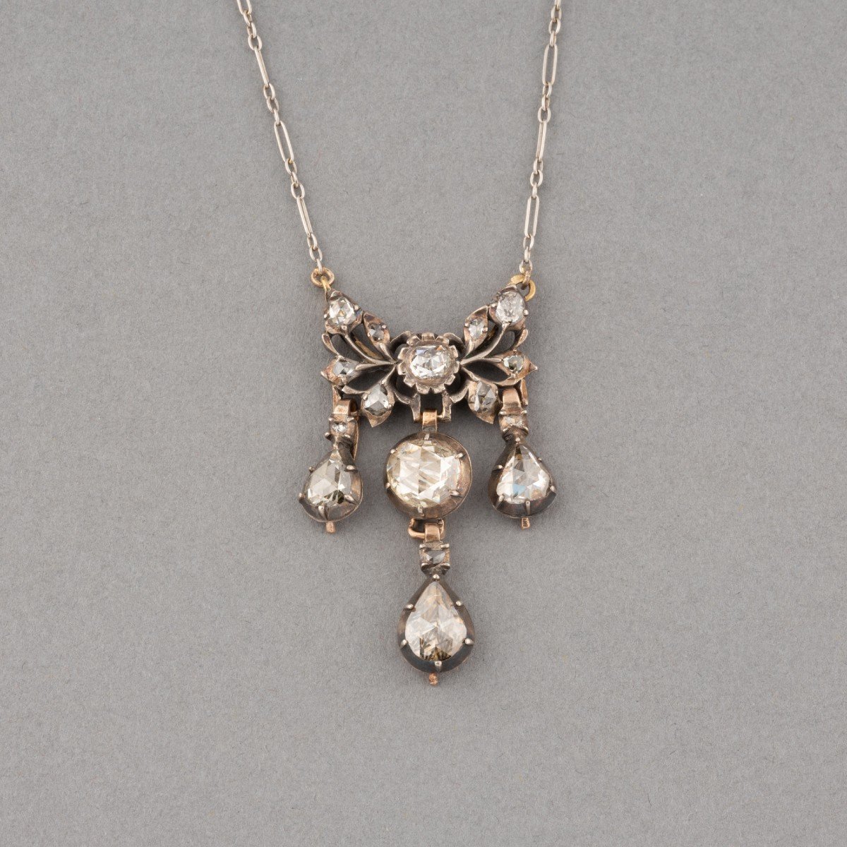 Collier Pendentif Antique Français En Or, Platine, Argent Et Diamants-photo-3