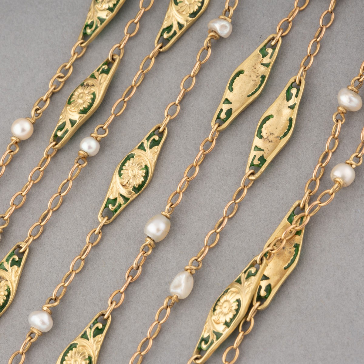 Collier Art Nouveau Français En Email Or Et Perles