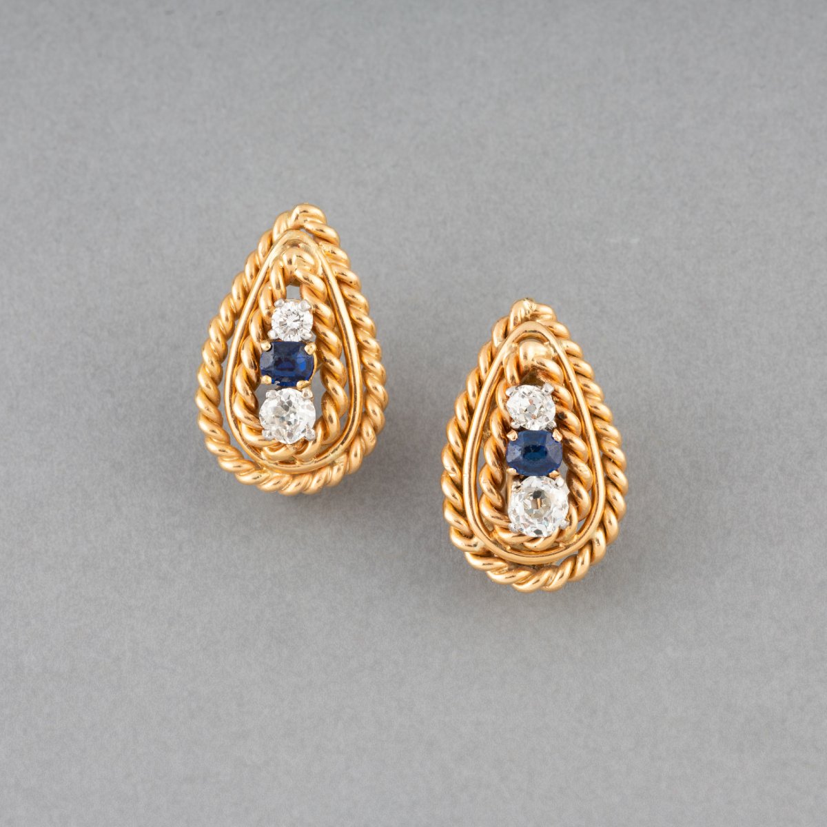 Boucles d'oreilles vintage en or, diamants et saphirs-photo-2