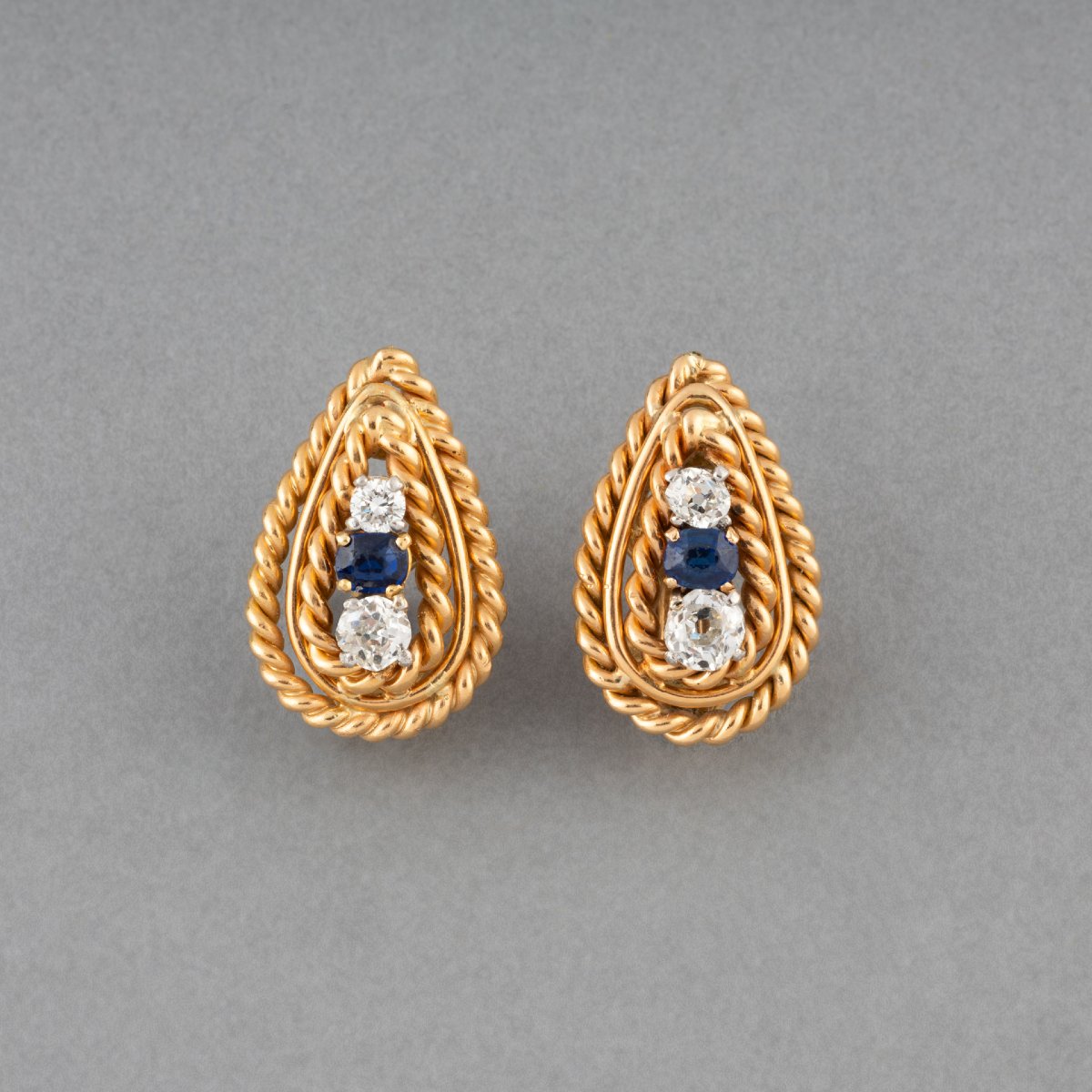 Boucles d'oreilles vintage en or, diamants et saphirs-photo-3