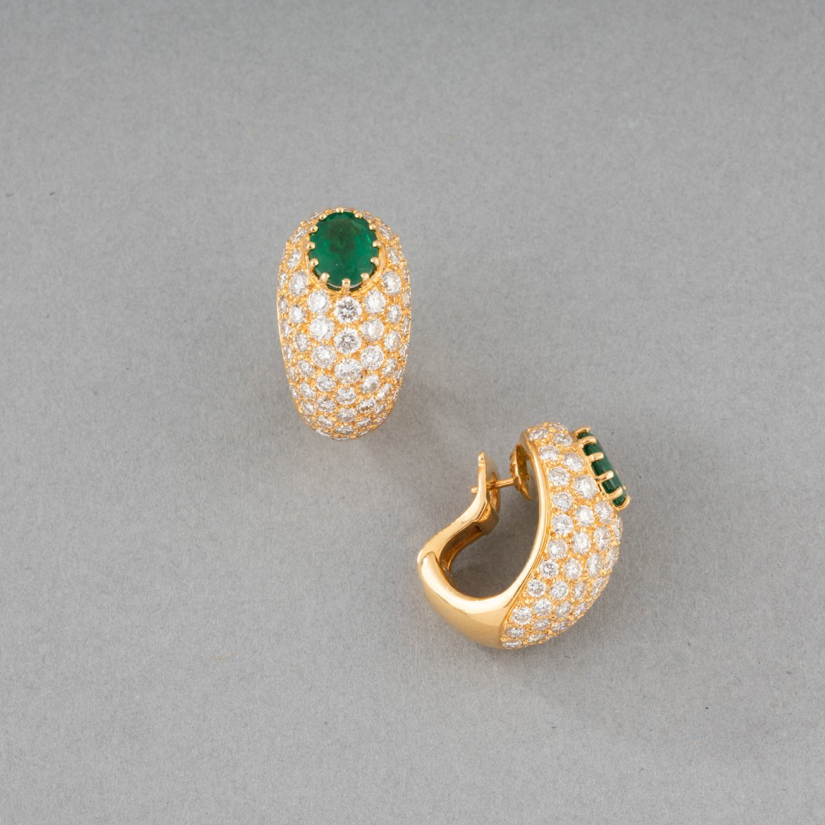 Paire de Boucles D'oreilles Vintage 3 carats de Diamants et Emeraudes-photo-3