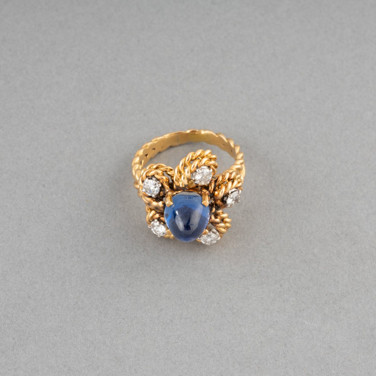 Bague Française Vintage en Saphir de 5 Carats et Diamants-photo-2