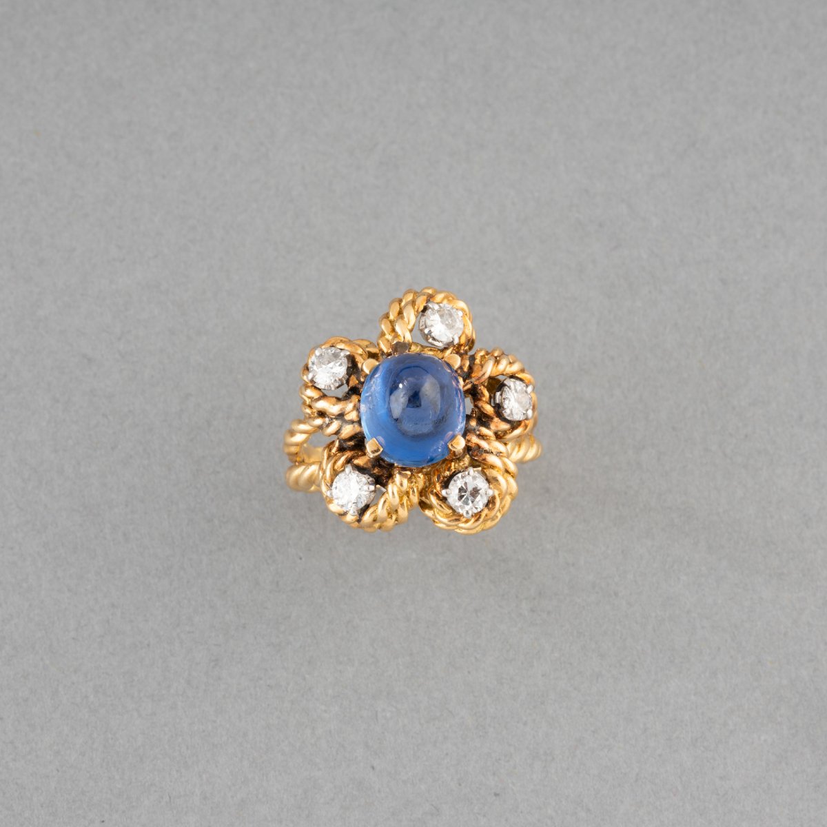 Bague Française Vintage en Saphir de 5 Carats et Diamants-photo-4