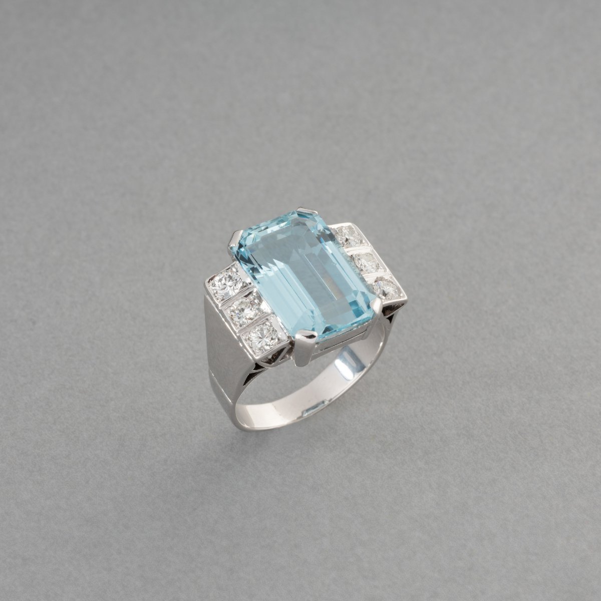 Bague Française Vintage en Or Diamants et Aigue-marine-photo-2